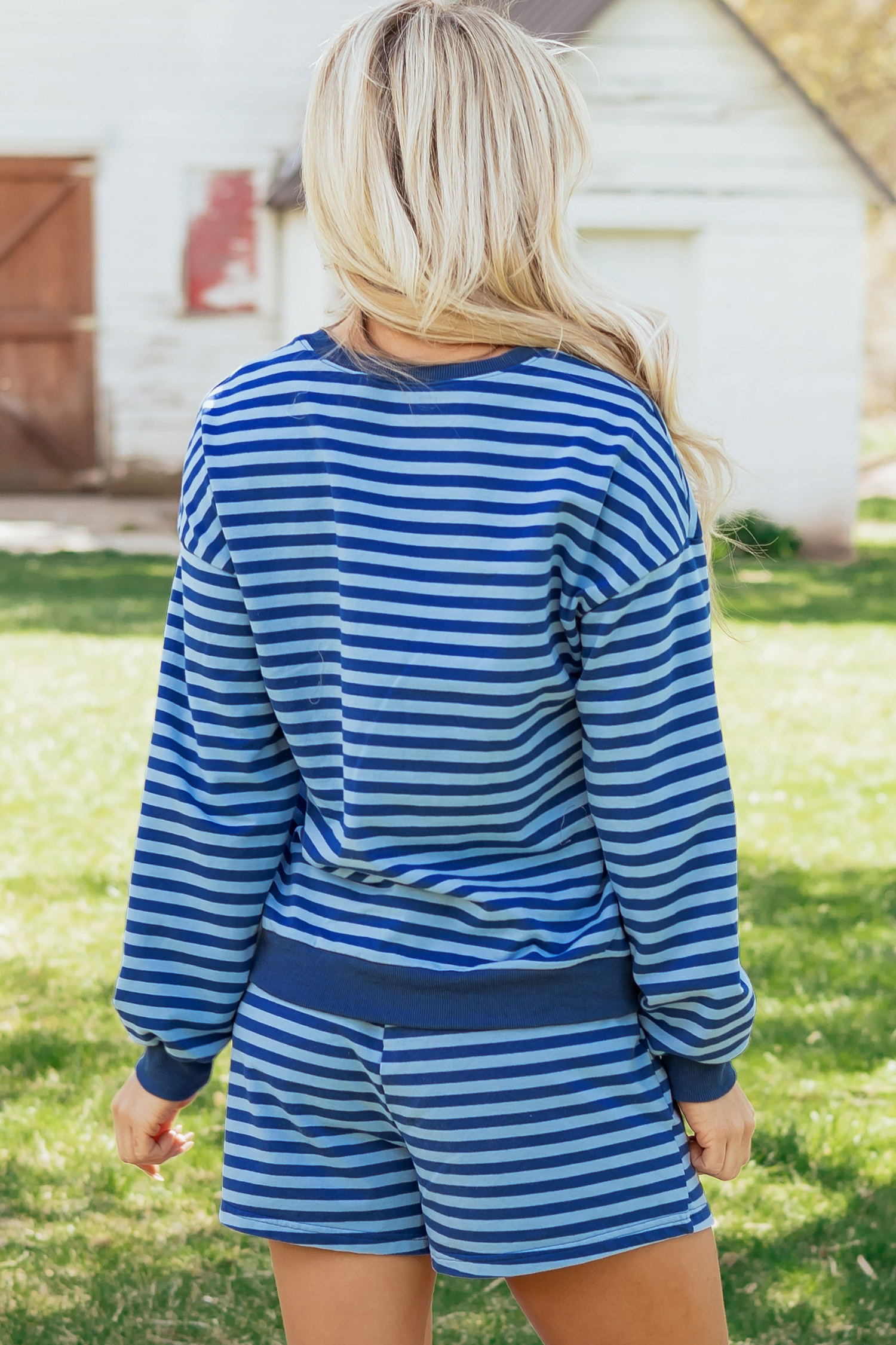 Blue Stripe Drop Shoulder Long Sleeve Pullover Elastic Waist Casual Short Set - Image 2