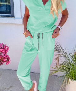Alternative view of Mint Green Solid Color V Neck Tee Drawstring Pant Set