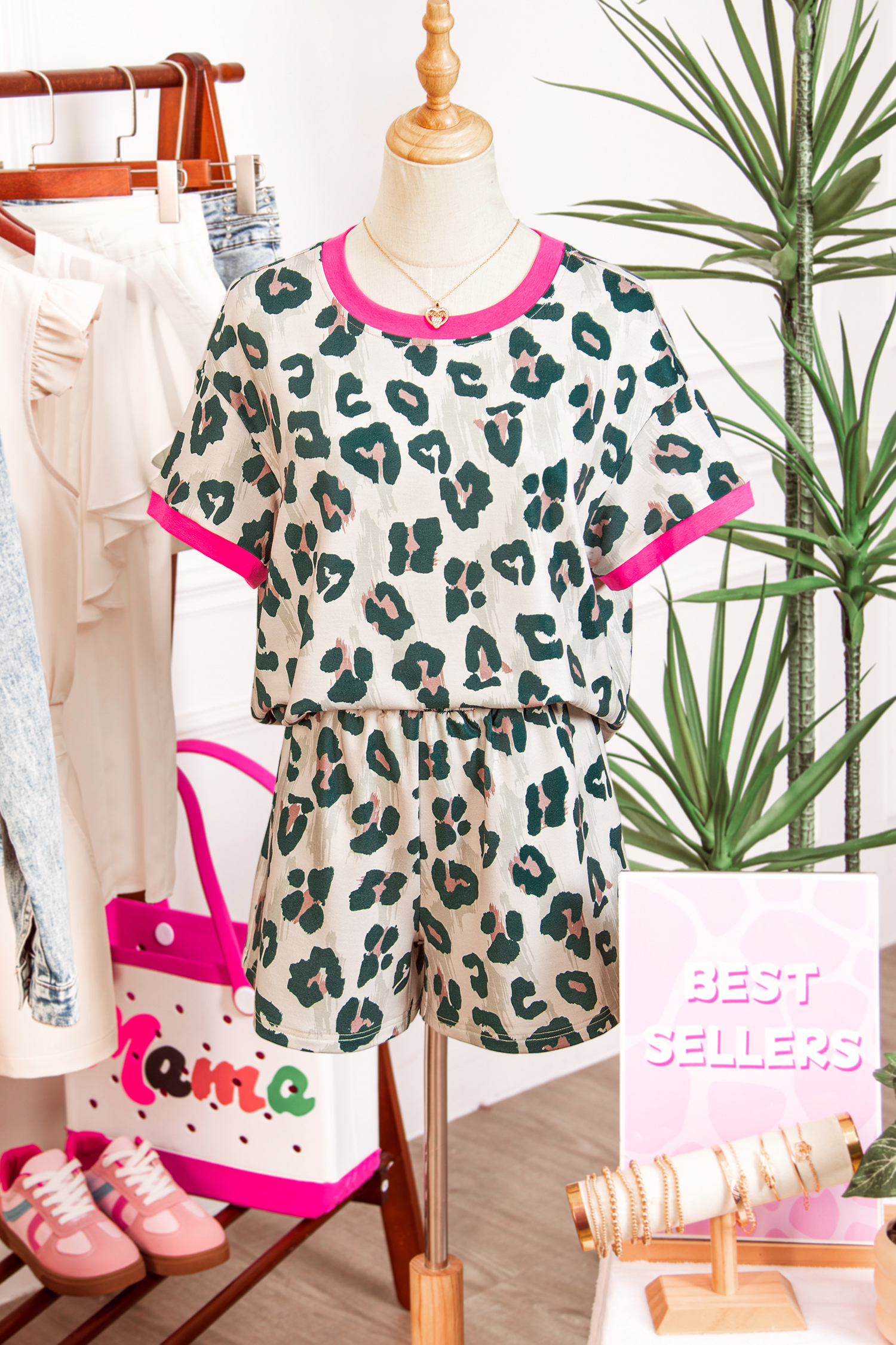 Brown Unique Leopard Print Contrast Trim Top Loose 2pcs Short Set - Image 4