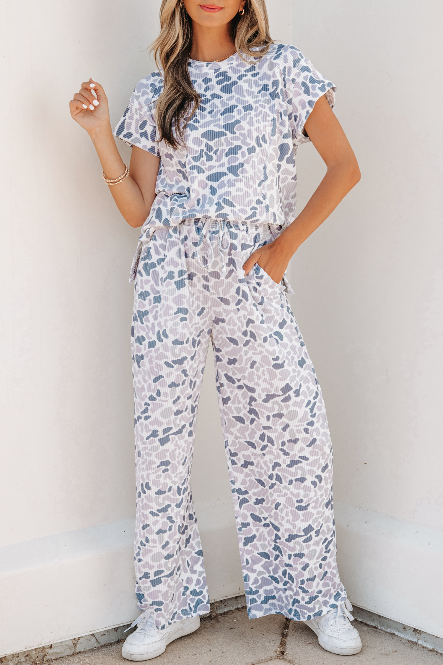 Beige Camouflage Print Twisted Rib Loose Tee Drawstring Pants Set - Image 22