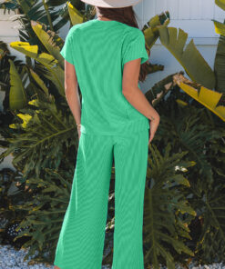 Alternative view of Bright Green Solid Corded Knit Short Sleeve T Shirt and Wide Leg Pants Set