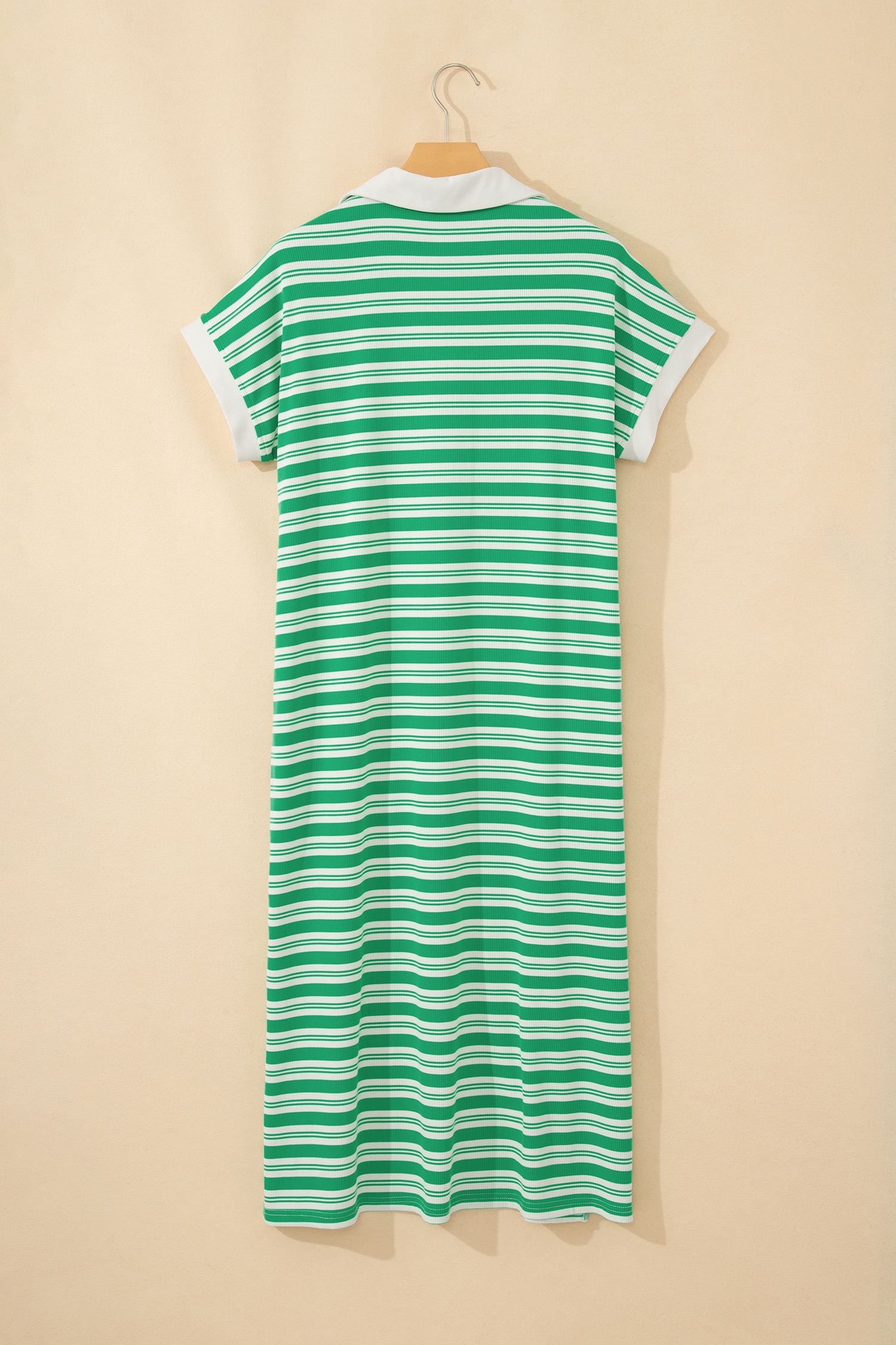 Green Stripe Collared V Neck Short Sleeve T Shirt Midi Dress with Pockets - Image 10
