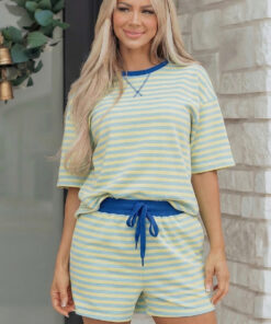 Yellow Stripe Drop Shoulder Boxy Casual Terry Short Set