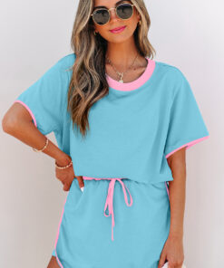 Turquoise Colorblock Edge Drop Shoulder T Shirt and Skort 2Pcs Set