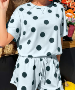 Sky Blue Polka Dot Print Loose Tee Drawstring Elastic Waist Short Set