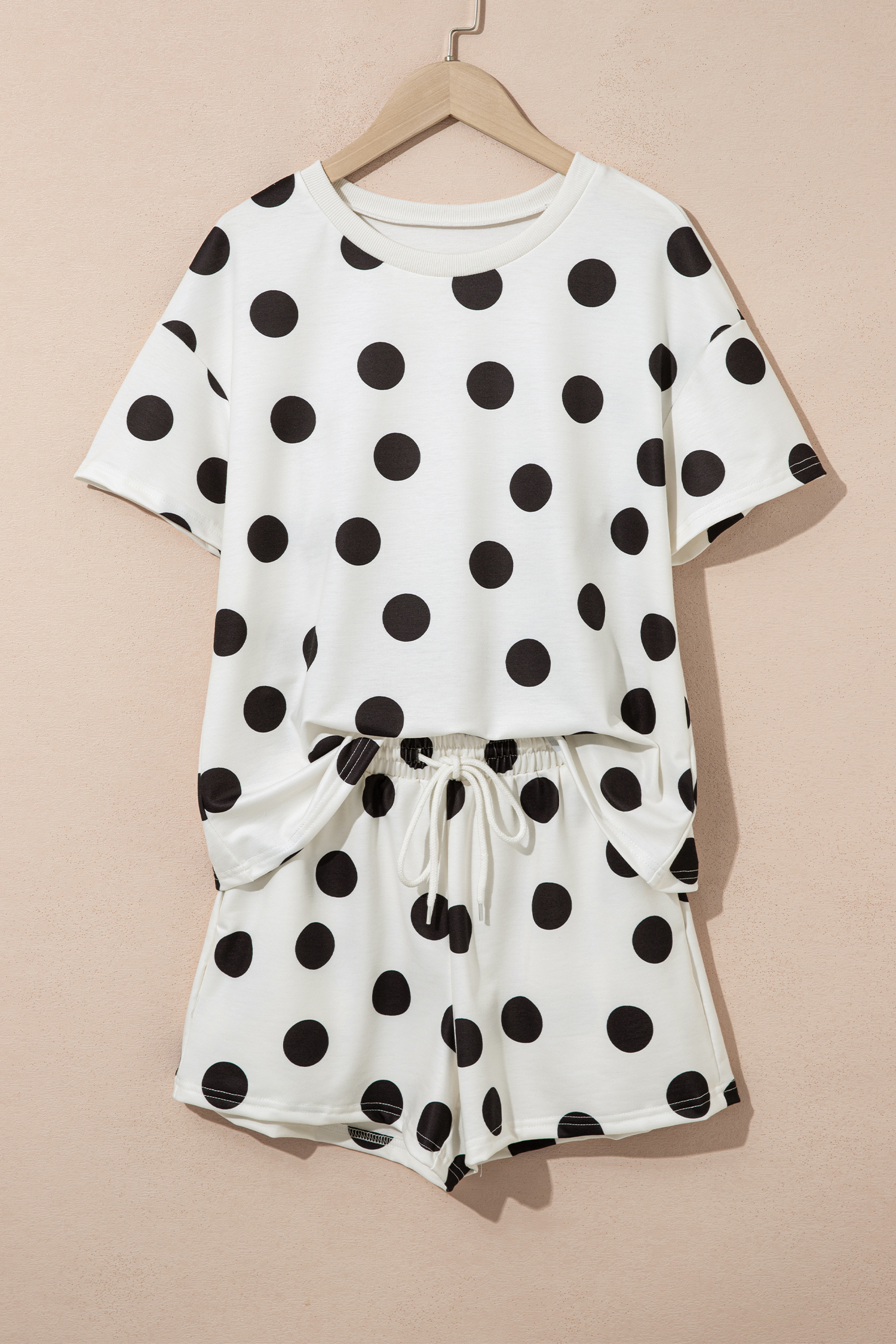 Black Polka Dot Print Loose Tee Drawstring Elastic Waist Short Set - Image 4