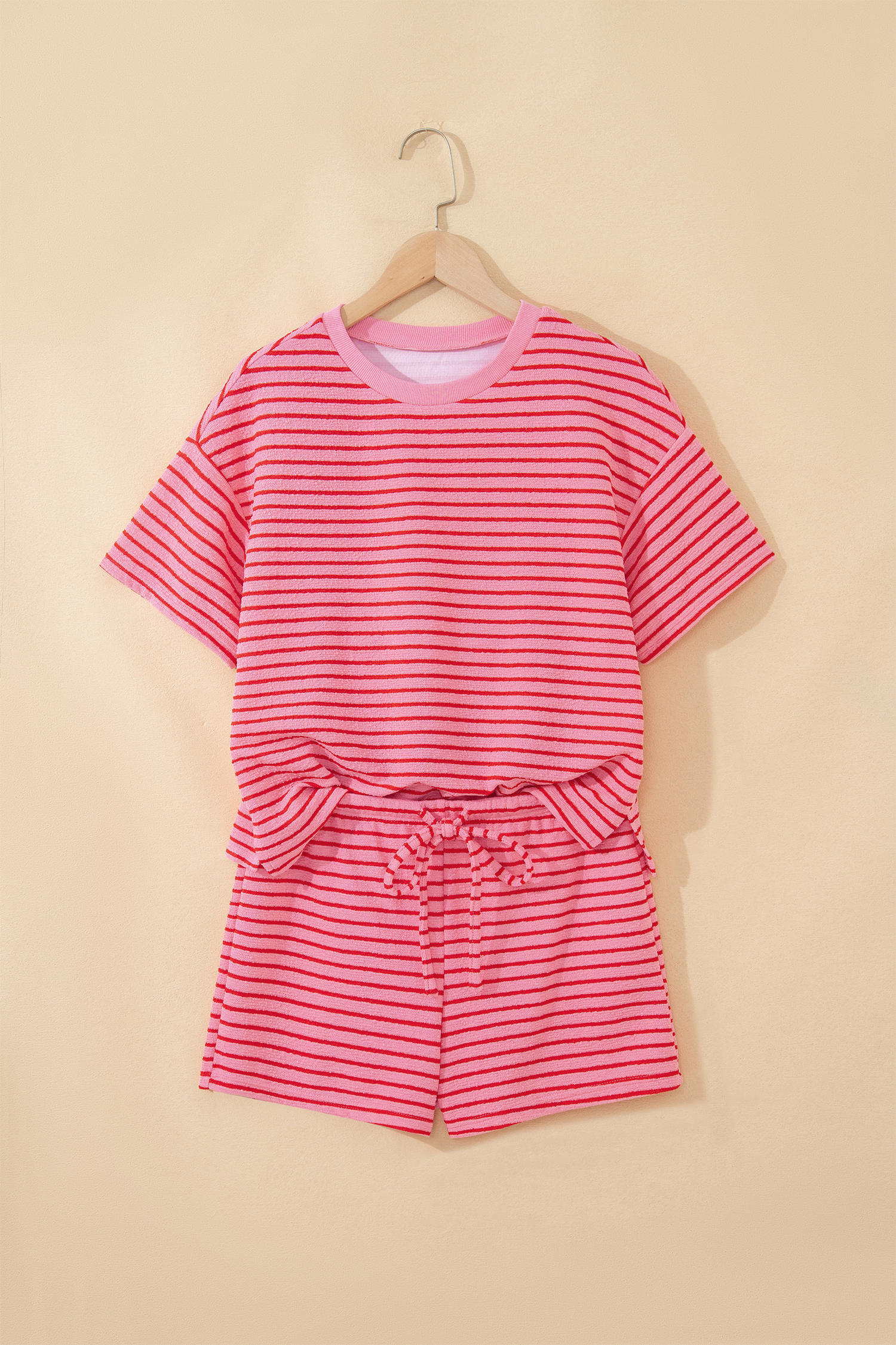 Rose Stripe Side Split Knit Tee Drawstring Shorts Set - Image 9