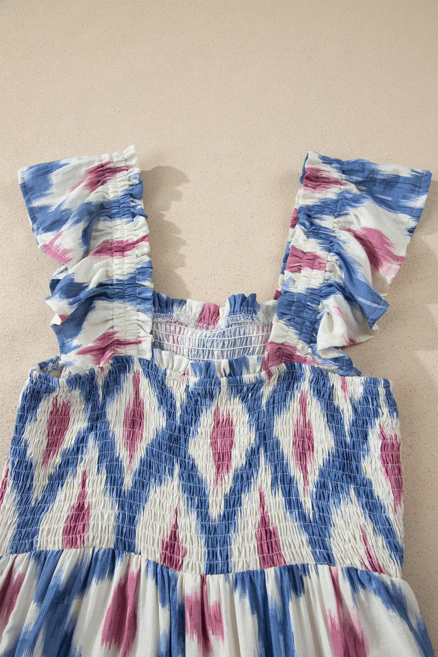 Sky Blue Ethnic Geometric Print Square Neck Smocked High Waist Ruffle Sleeve Dress - Image 9