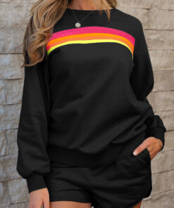 Black Striped Accent Pullover and Shorts Two Piece Casual Set