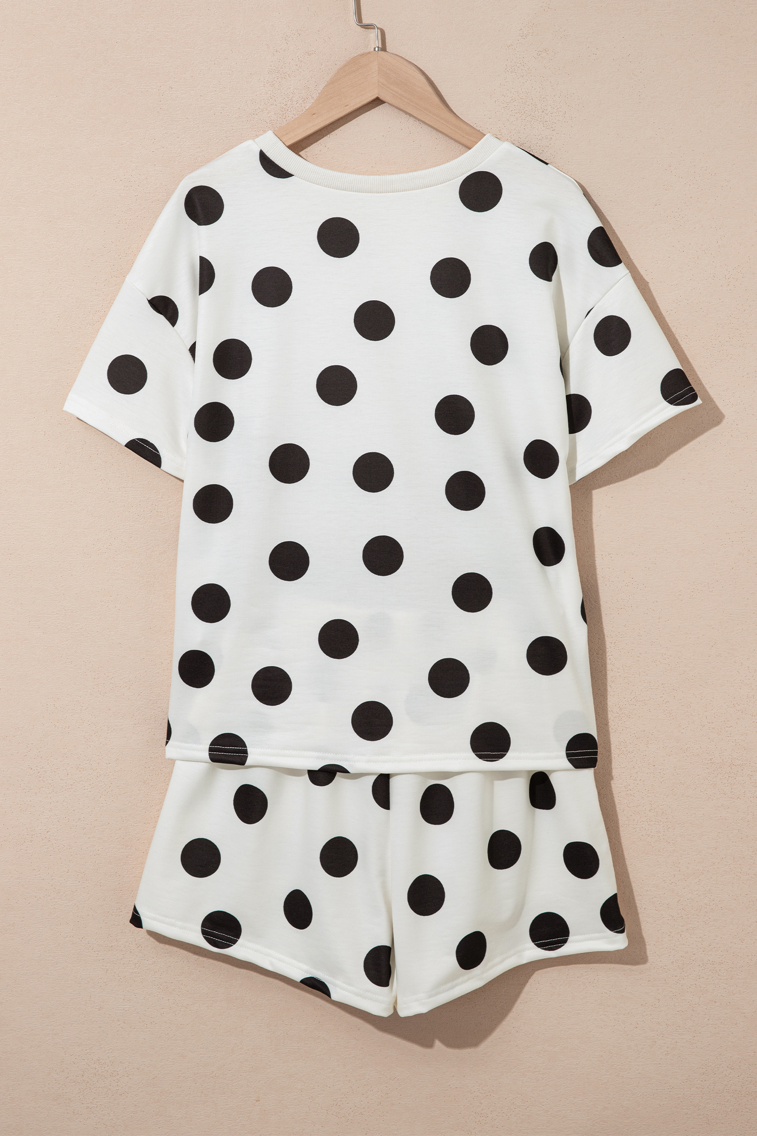 Black Polka Dot Print Loose Tee Drawstring Elastic Waist Short Set - Image 5
