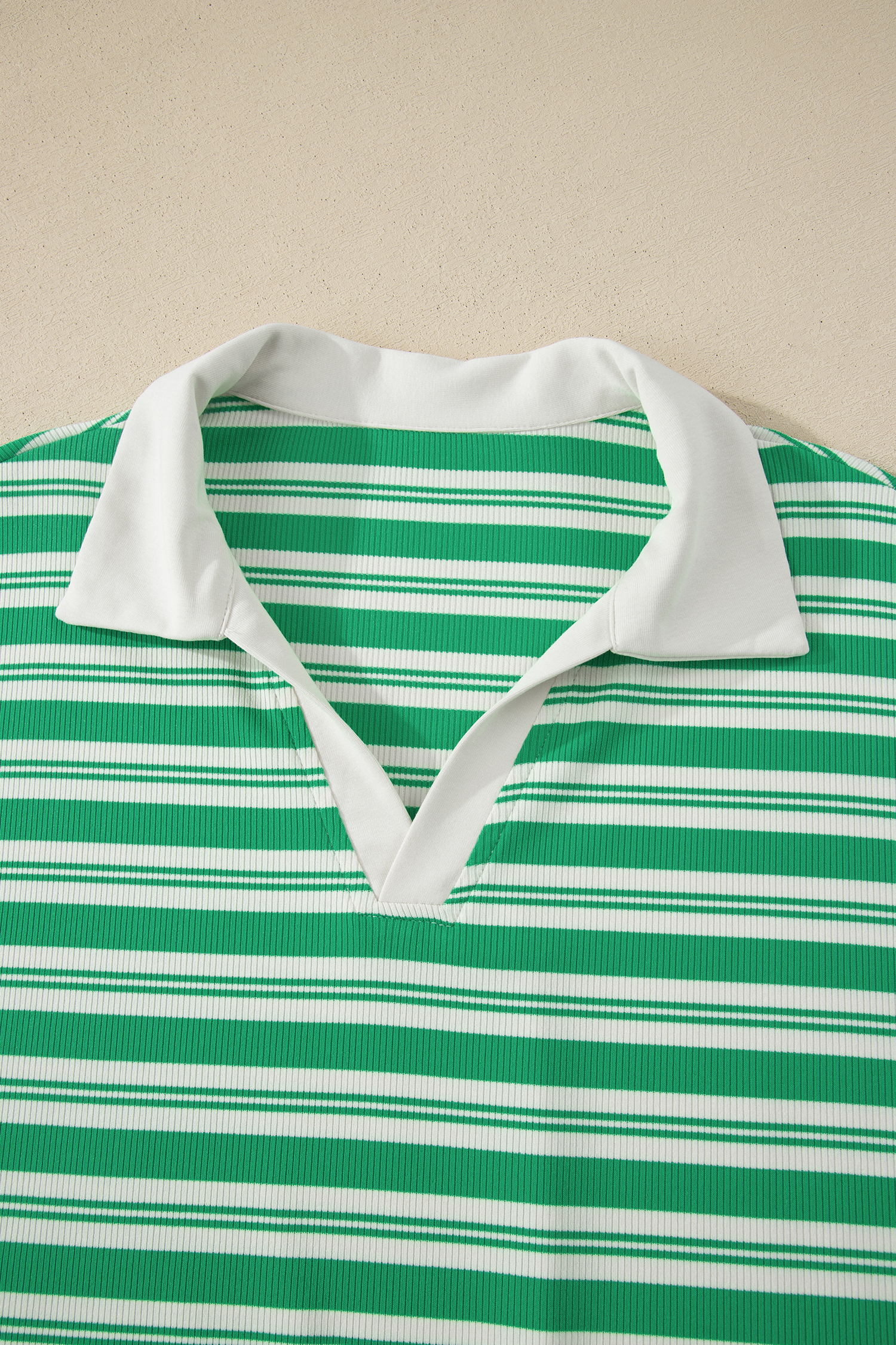 Green Stripe Collared V Neck Short Sleeve T Shirt Midi Dress with Pockets - Image 11