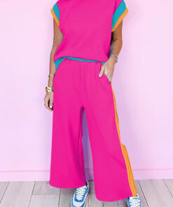Strawberry Pink Color Block Detail Casual Two-piece Set
