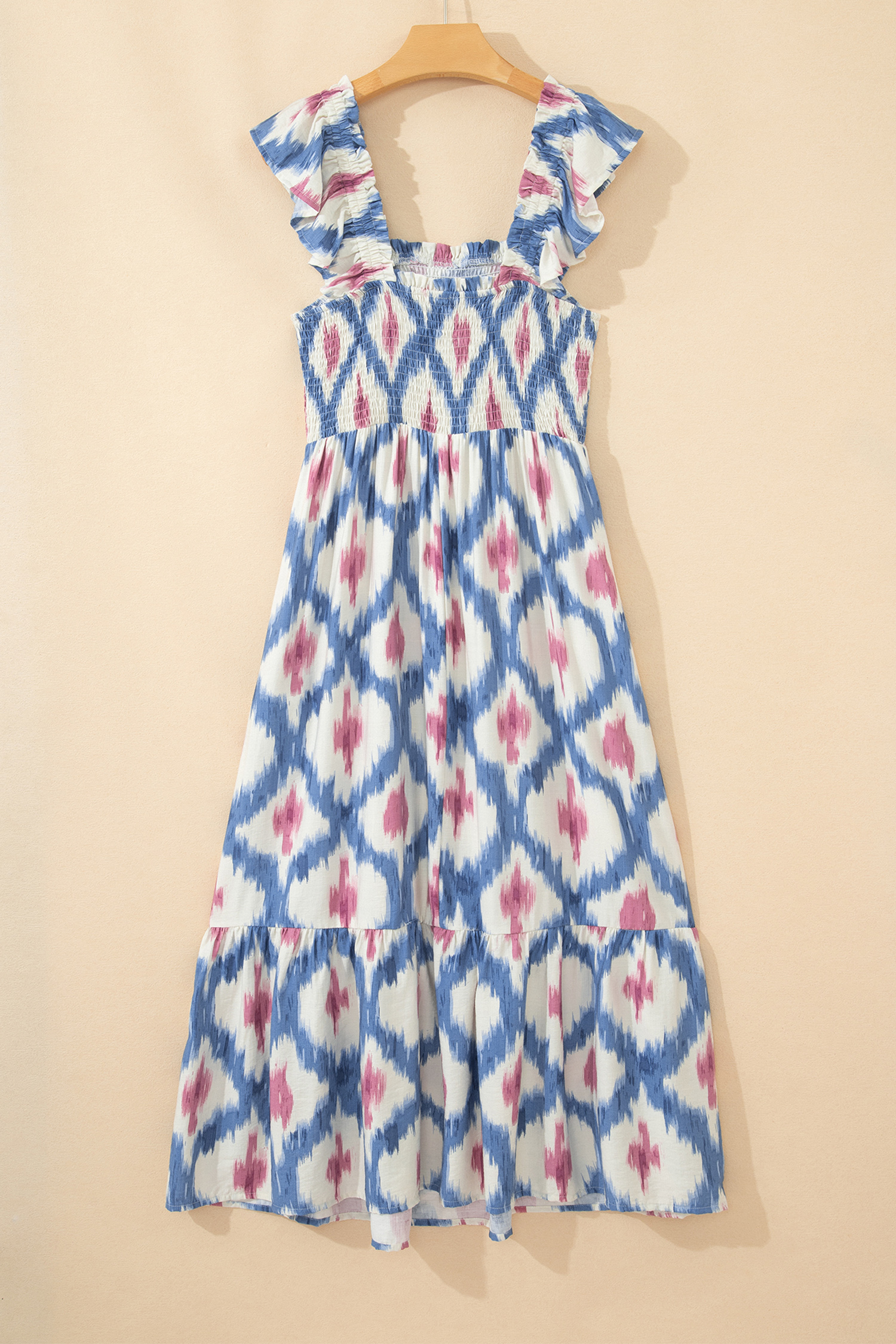 Sky Blue Ethnic Geometric Print Square Neck Smocked High Waist Ruffle Sleeve Dress - Image 7