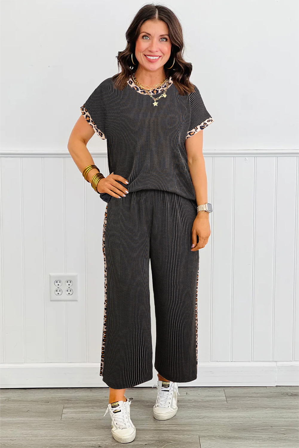 Carbon Grey Leopard Patchwork Edge Twisted Rib T Shirt and Cropped Pants Set - Image 3