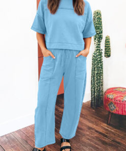 Sky Blue Drop Shoulder Boxy Tee and Barrel Pants Set