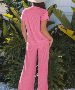 Alternative view of Bright Pink Solid Corded Knit Short Sleeve T Shirt and Wide Leg Pants Set