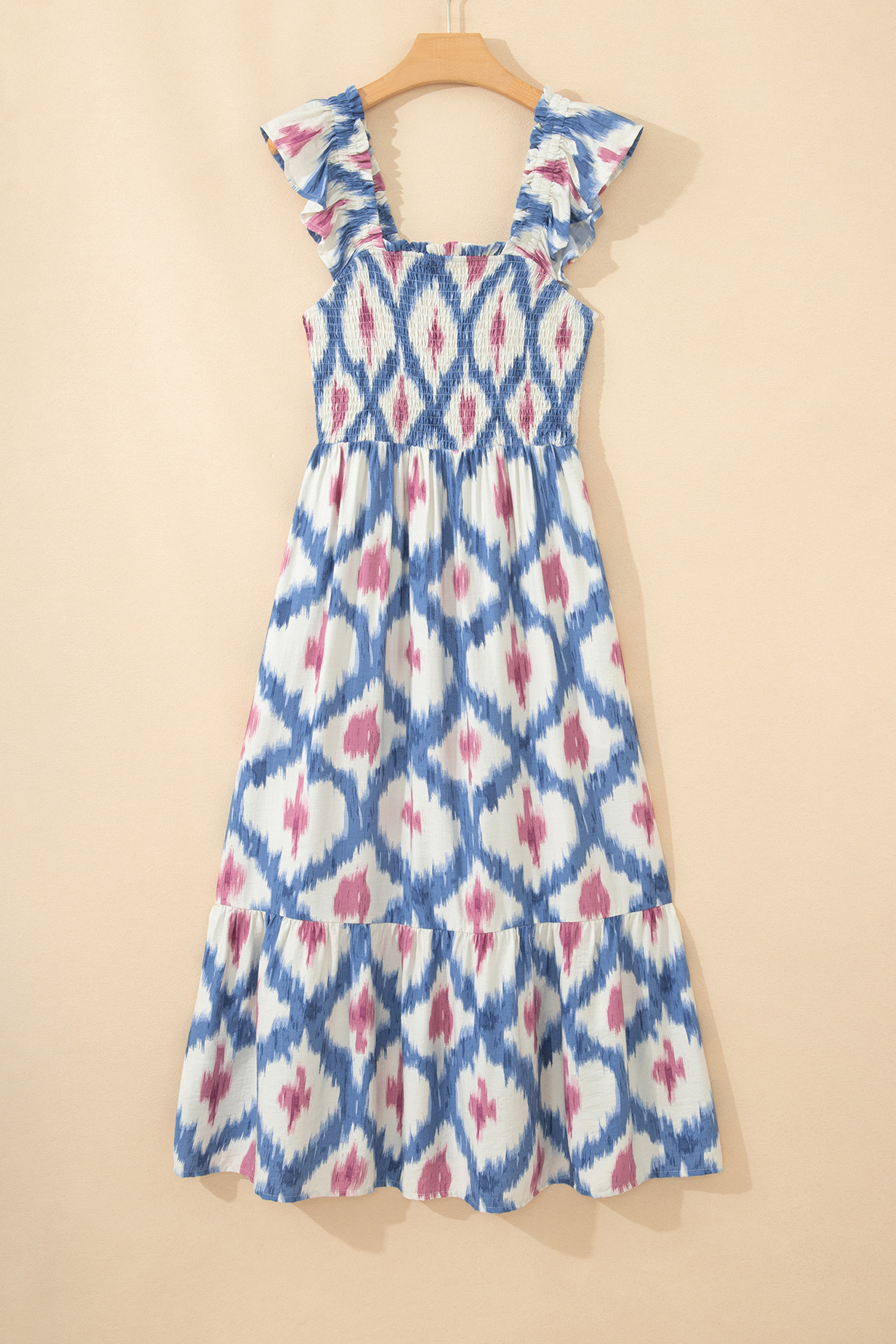 Sky Blue Ethnic Geometric Print Square Neck Smocked High Waist Ruffle Sleeve Dress - Image 6