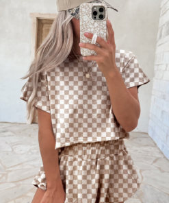 Alternative view of Brown Checkerboard T Shirt and High Waist Skorts 2 Piece Outfit