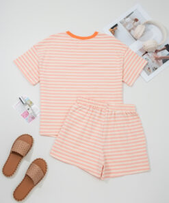 Alternative view of Pink Stripe Contrast Neck Loose Tee and Drawstring Shorts Set