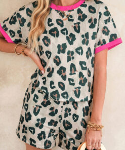 Alternative view of Brown Unique Leopard Print Contrast Trim Top Loose 2pcs Short Set