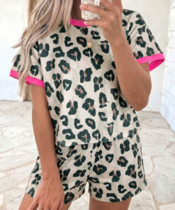 Brown Unique Leopard Print Contrast Trim Top Loose 2pcs Short Set