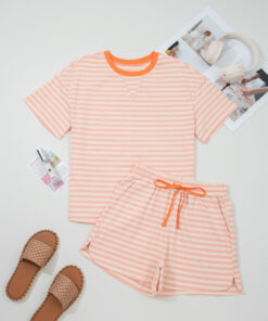 Pink Stripe Contrast Neck Loose Tee and Drawstring Shorts Set
