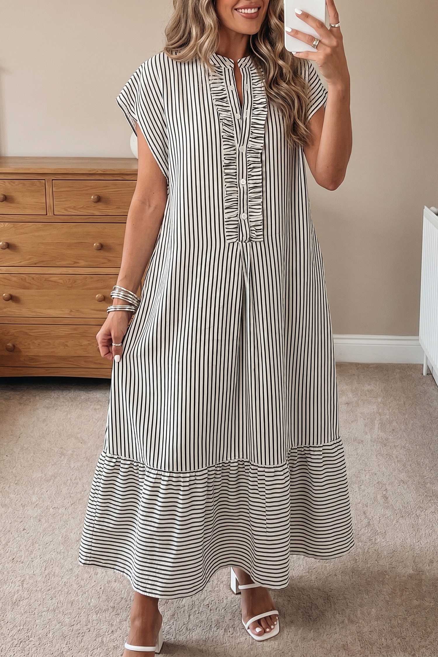 Black Stripe Frilled Detail Half Buttons Short Sleeve Long Dress - Image 8