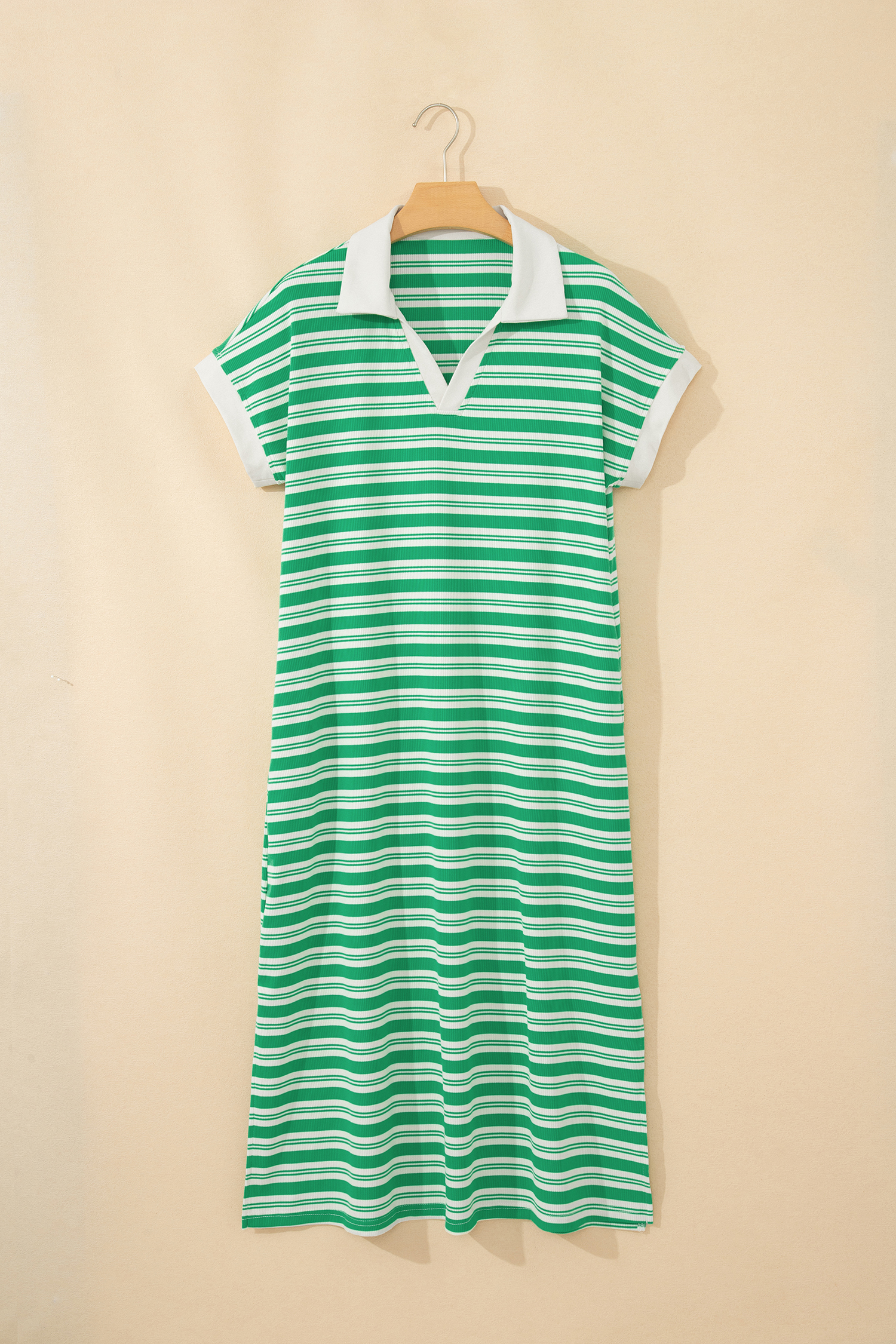 Green Stripe Collared V Neck Short Sleeve T Shirt Midi Dress with Pockets - Image 9