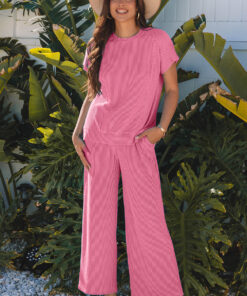 Bright Pink Solid Corded Knit Short Sleeve T Shirt and Wide Leg Pants Set