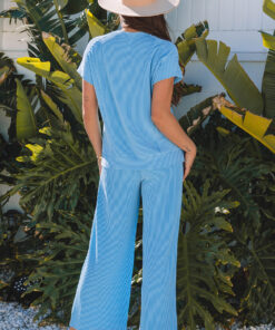 Alternative view of Blue Solid Corded Knit Short Sleeve T Shirt and Wide Leg Pants Set