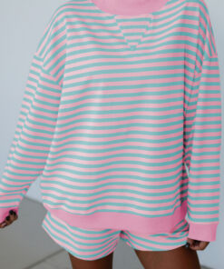 Pink Stripe Color Block Detail Long Sleeve Pullover Elastic Waist Pull On Shorts 2pcs Set