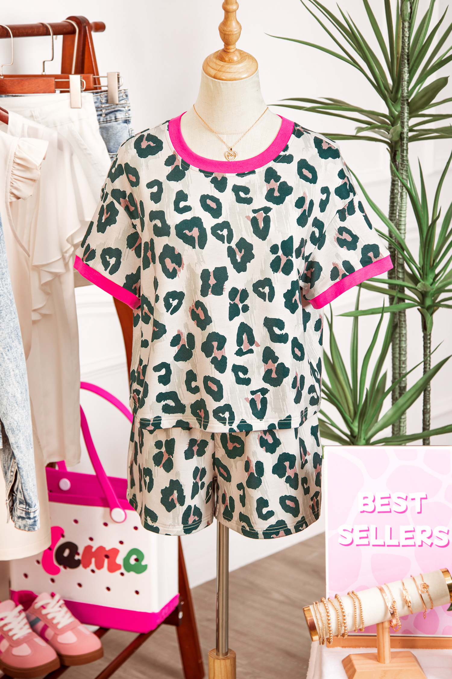 Brown Unique Leopard Print Contrast Trim Top Loose 2pcs Short Set - Image 6