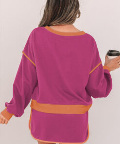 Alternative view of Rose Red Color Contrast Loose Pullover and Lace-up Waist Skort Set