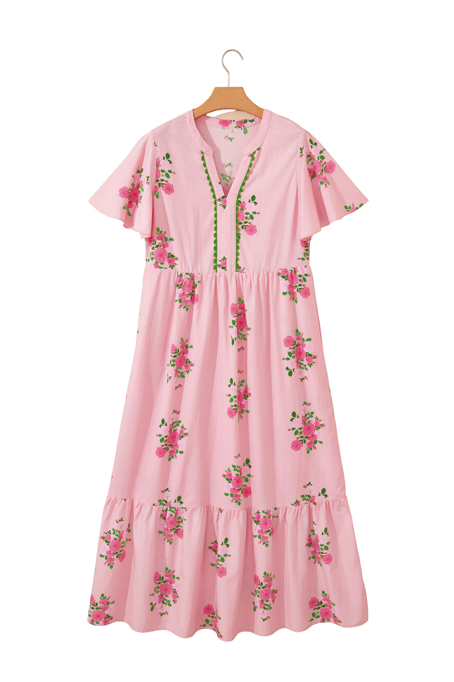 Pink Notched Neck Flutter Short Sleeve Floral Print Maxi Dress - Image 18