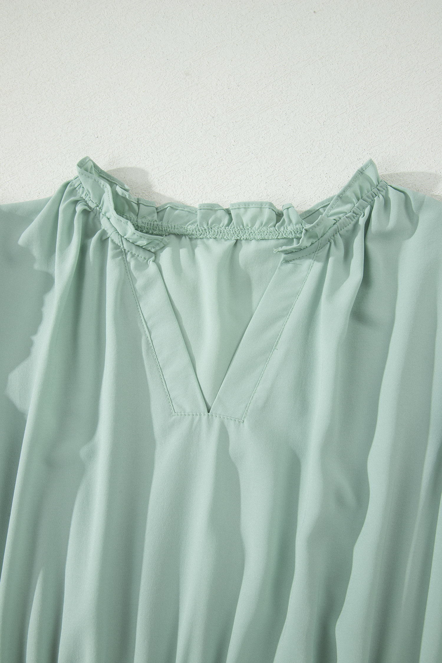 Clearly Aqua Solid Color V Neck Short Puff Sleeve High Waist Tiered Maxi Dress - Image 7
