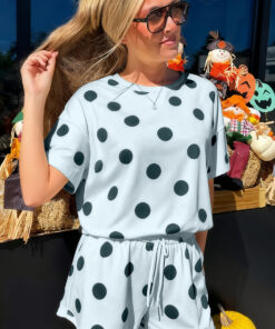 Alternative view of Sky Blue Polka Dot Print Loose Tee Drawstring Elastic Waist Short Set