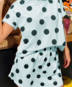 Sky Blue Polka Dot Short Sleeve Top Casual Skort 2pcs Outfit