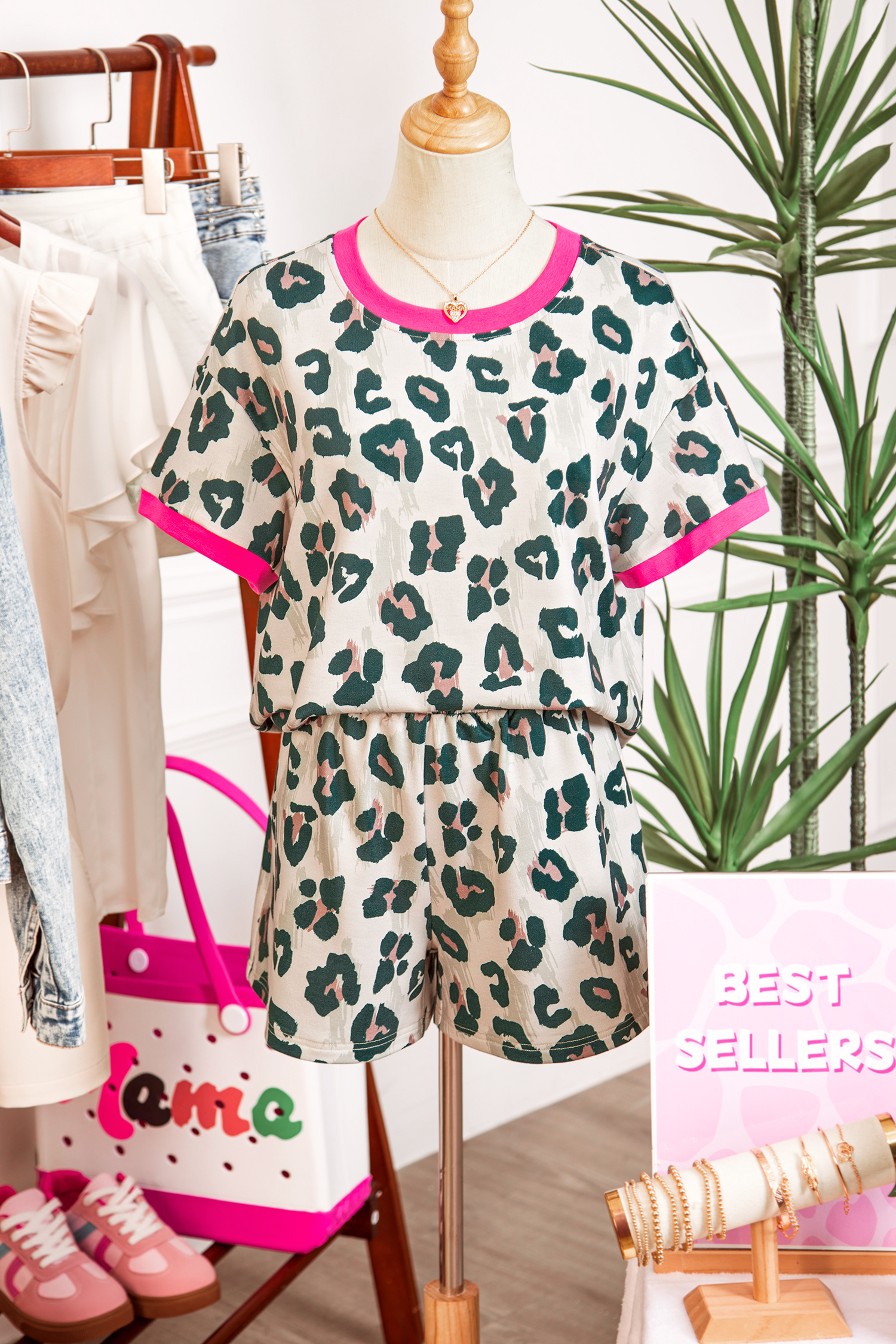 Brown Unique Leopard Print Contrast Trim Top Loose 2pcs Short Set - Image 7