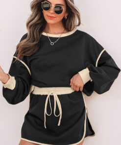 Black Color Contrast Loose Pullover and Lace-up Waist Skort Set