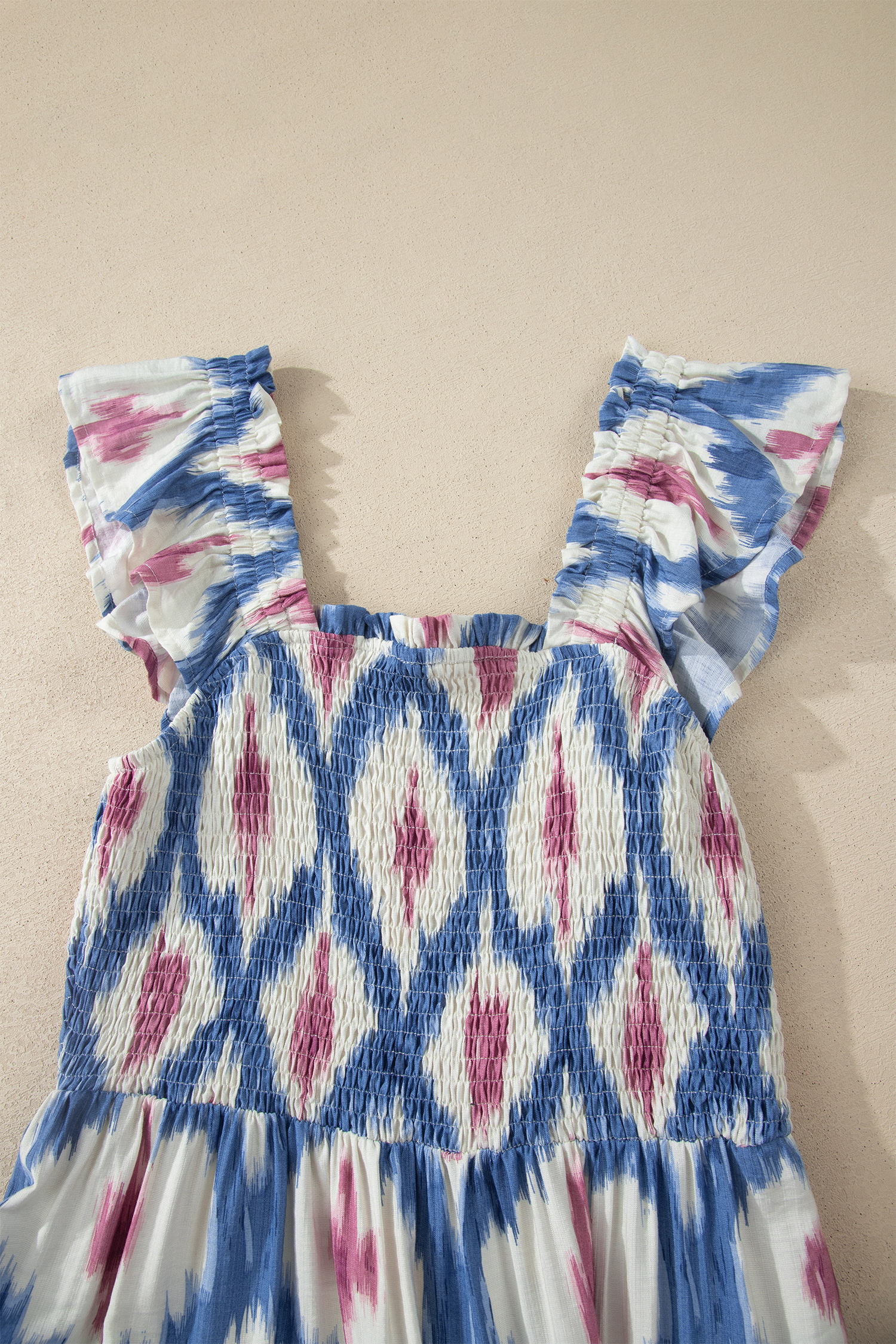 Sky Blue Ethnic Geometric Print Square Neck Smocked High Waist Ruffle Sleeve Dress - Image 8