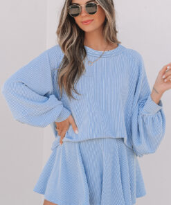 Sky Blue Corded Lantern Sleeve Top High Waist Ruffled Mini Skort Set