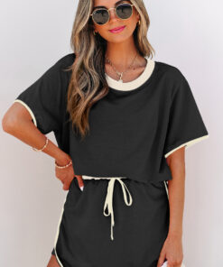Black Colorblock Edge Drop Shoulder T Shirt and Skort 2Pcs Set