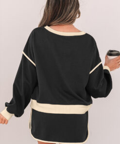 Alternative view of Black Color Contrast Loose Pullover and Lace-up Waist Skort Set