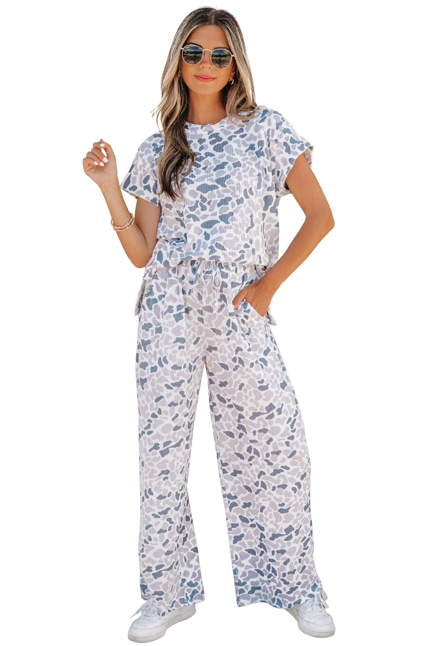 Beige Camouflage Print Twisted Rib Loose Tee Drawstring Pants Set - Image 24