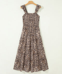 Alternative view of Brown Ruffled Straps Smocked Tiered Leopard Maxi Dress