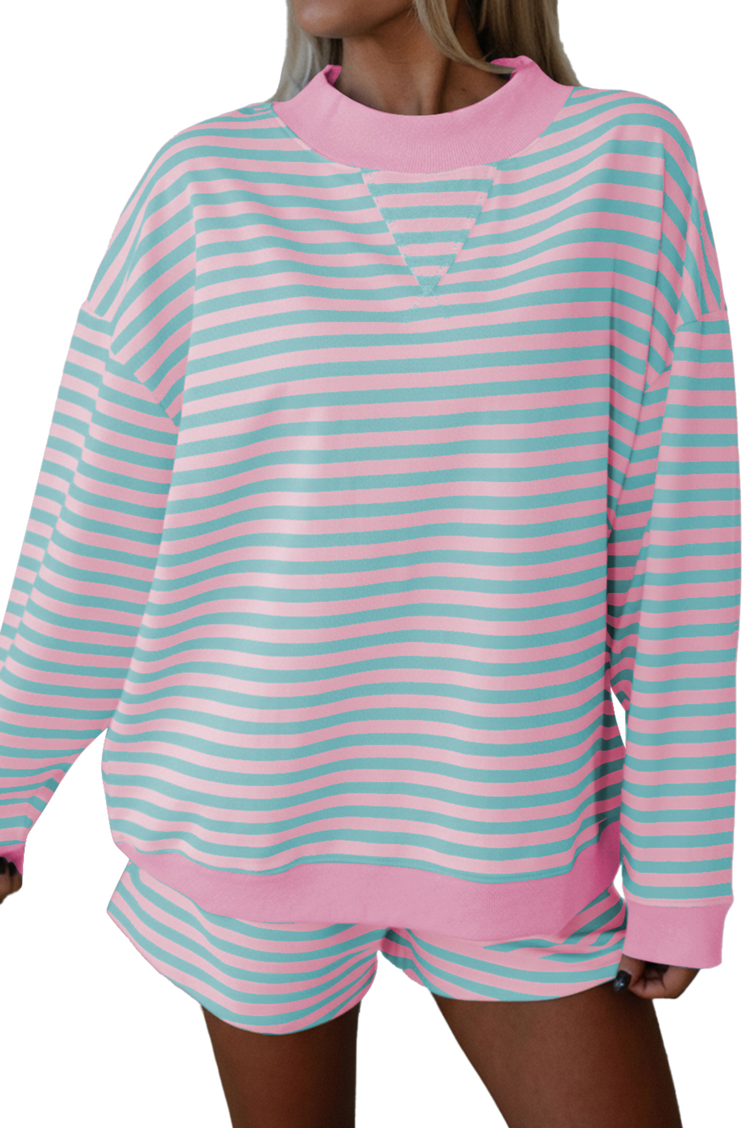 Pink Stripe Color Block Detail Long Sleeve Pullover Elastic Waist Pull On Shorts 2pcs Set - Image 9