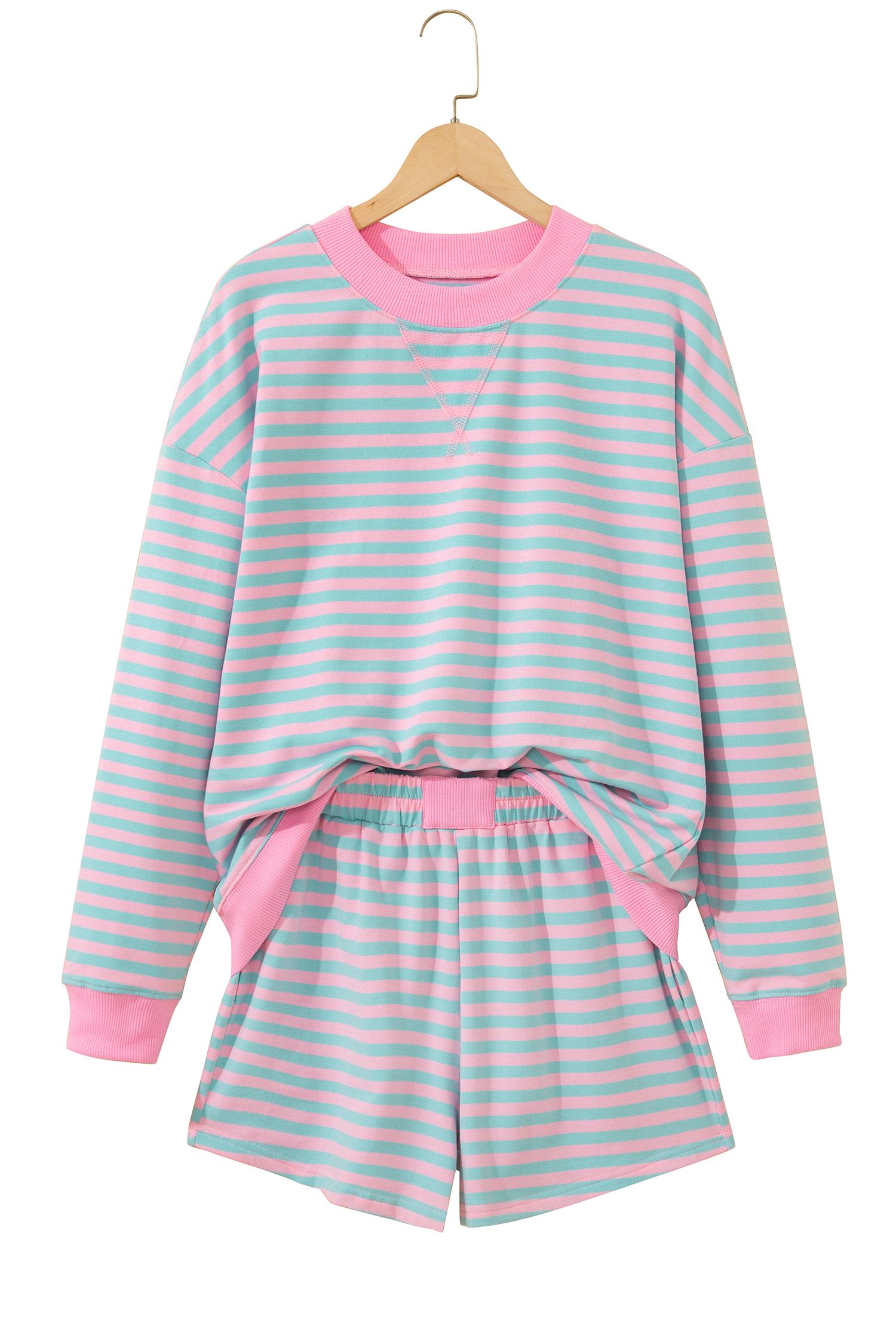 Pink Stripe Color Block Detail Long Sleeve Pullover Elastic Waist Pull On Shorts 2pcs Set - Image 10