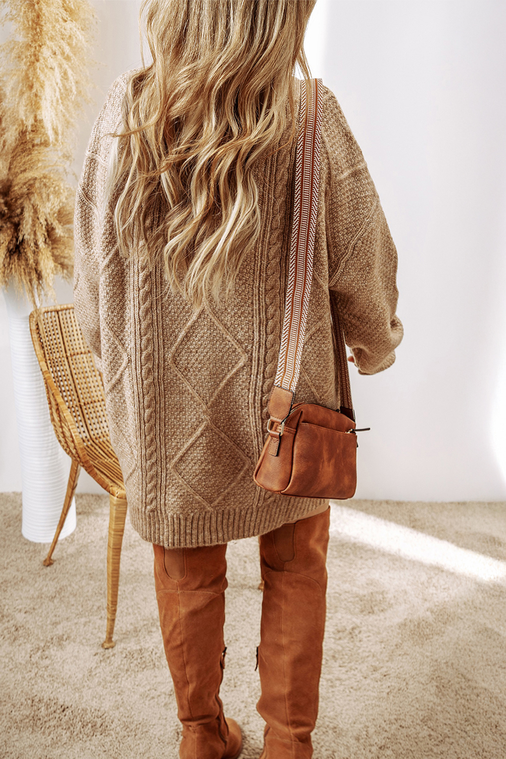 Parchment Cable Knit Drop Shoulder Loose Fit Sweater Dress - Image 6